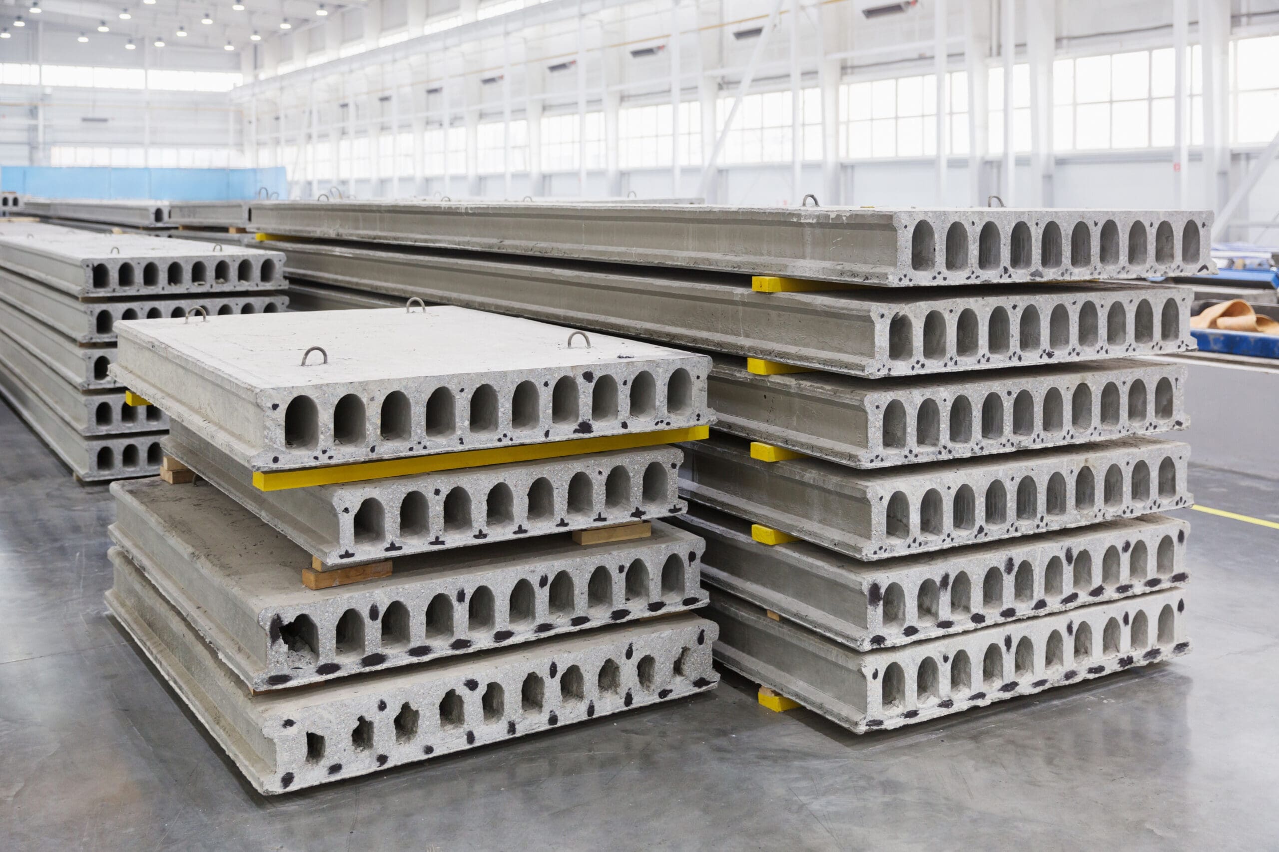 Stack of precast reinforced concrete slabs in factory workshop Stack of precast reinforced concrete slabs in a house-building factory workshop