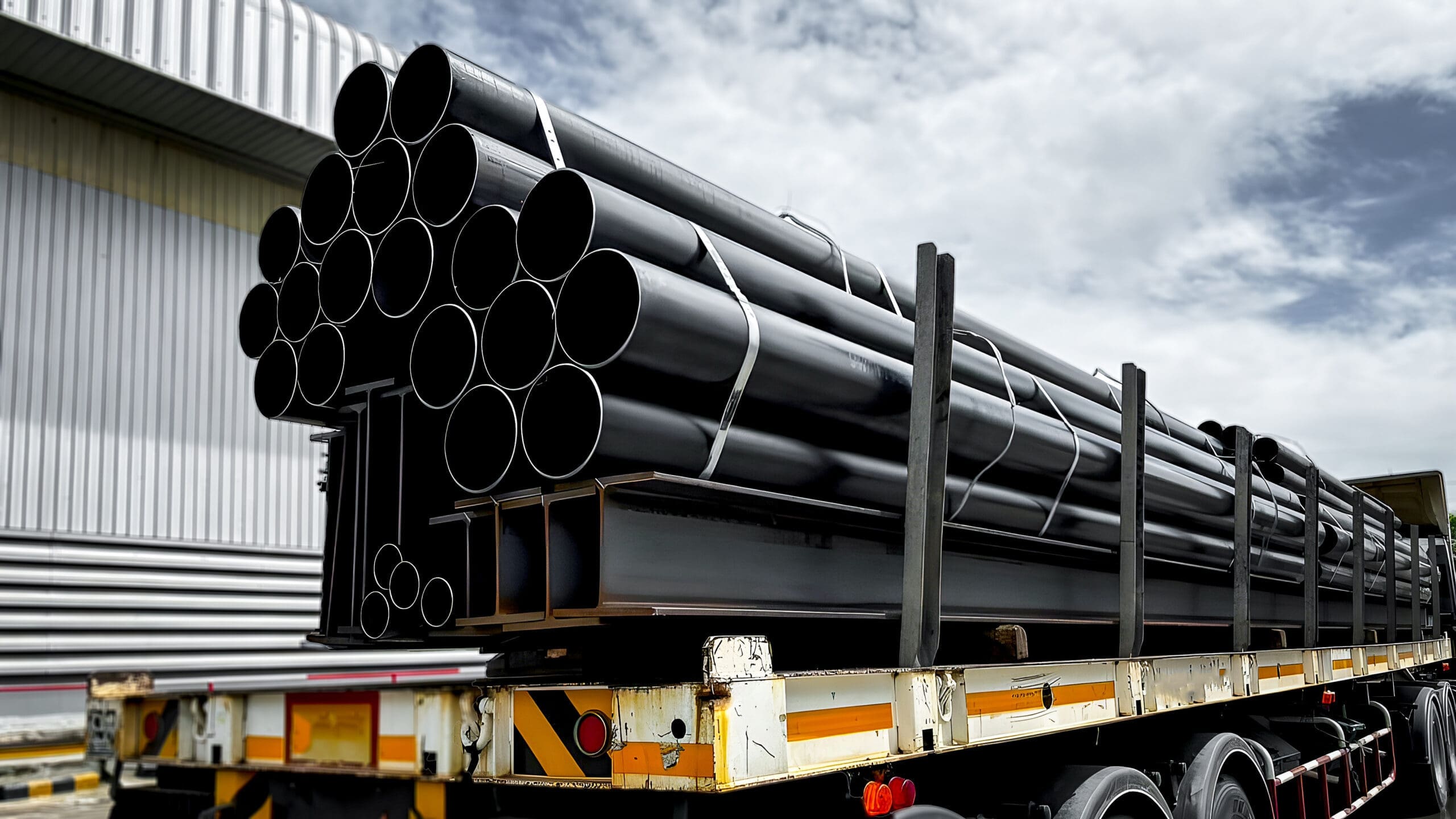 Construction products on transport vehicles Group of steel pipes for industrial materials Construction engineering products  equipment, steel pipes, metal warehouse industry, delivery to customers Construction products on transport vehicles Group of steel pipes for industrial materials Construction engineering products  equipment, steel pipes, metal warehouse industry, delivery to customers